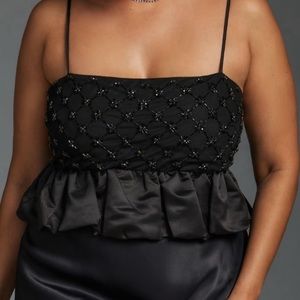 NWT By Anthropologie Beaded Satin Crop Tank in Black Size Large